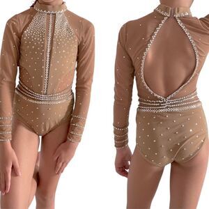 LA dance solo custom tan nude beige long leotard costume mesh rhinestones LC
